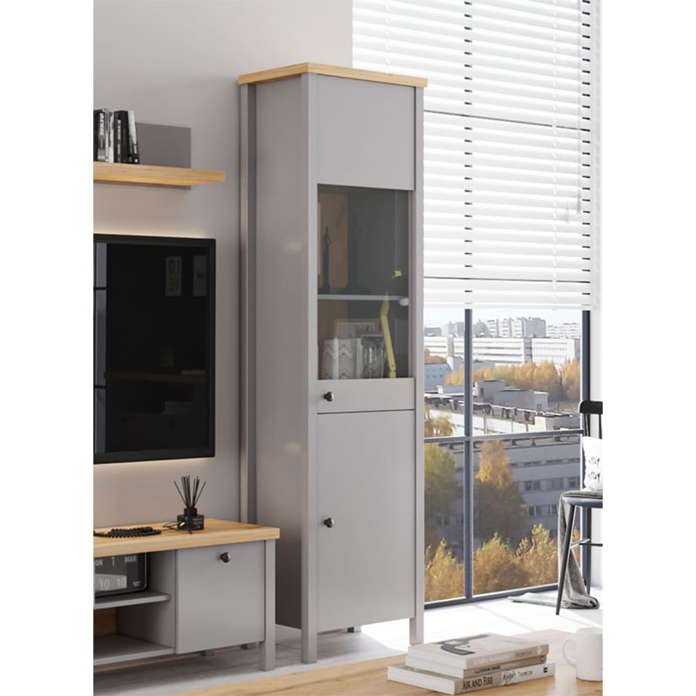 Vitrine mit Türen aus Spanplatte & MDF, 55x38x200cm, grau / Eiche