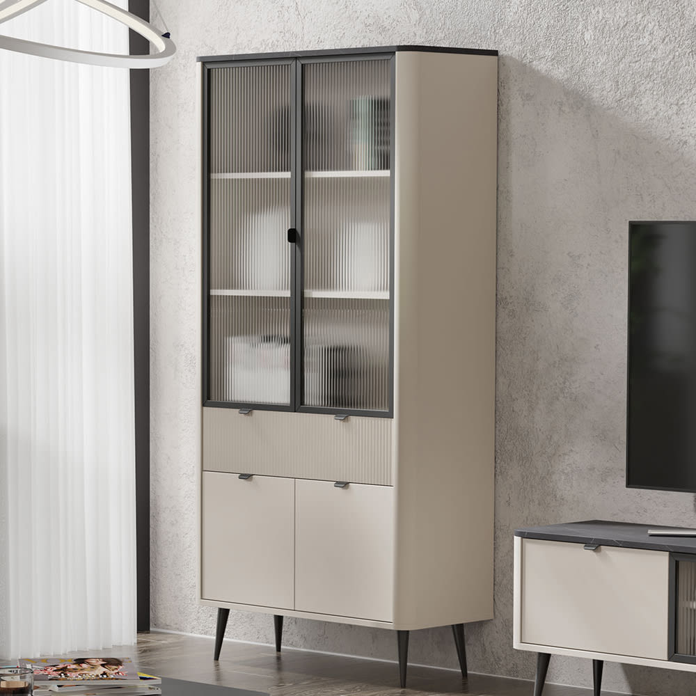 Vitrine mit Glastüren, aus MDF, 90x40x191cm, kaschmir / grau -