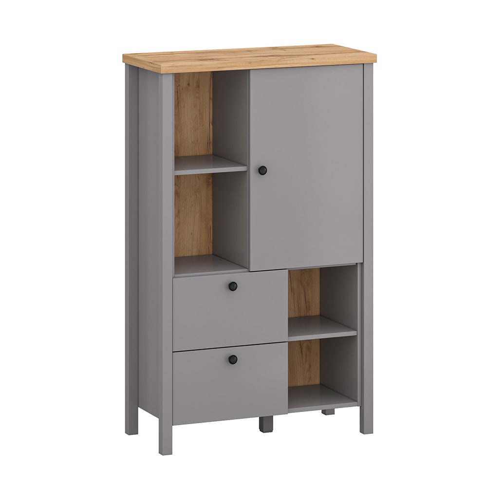 Feldmann-Wohnen Highboard mit Tür & Schubladen aus Holz, 85x38x139cm, grau / Eiche style modern - Spanplatte
