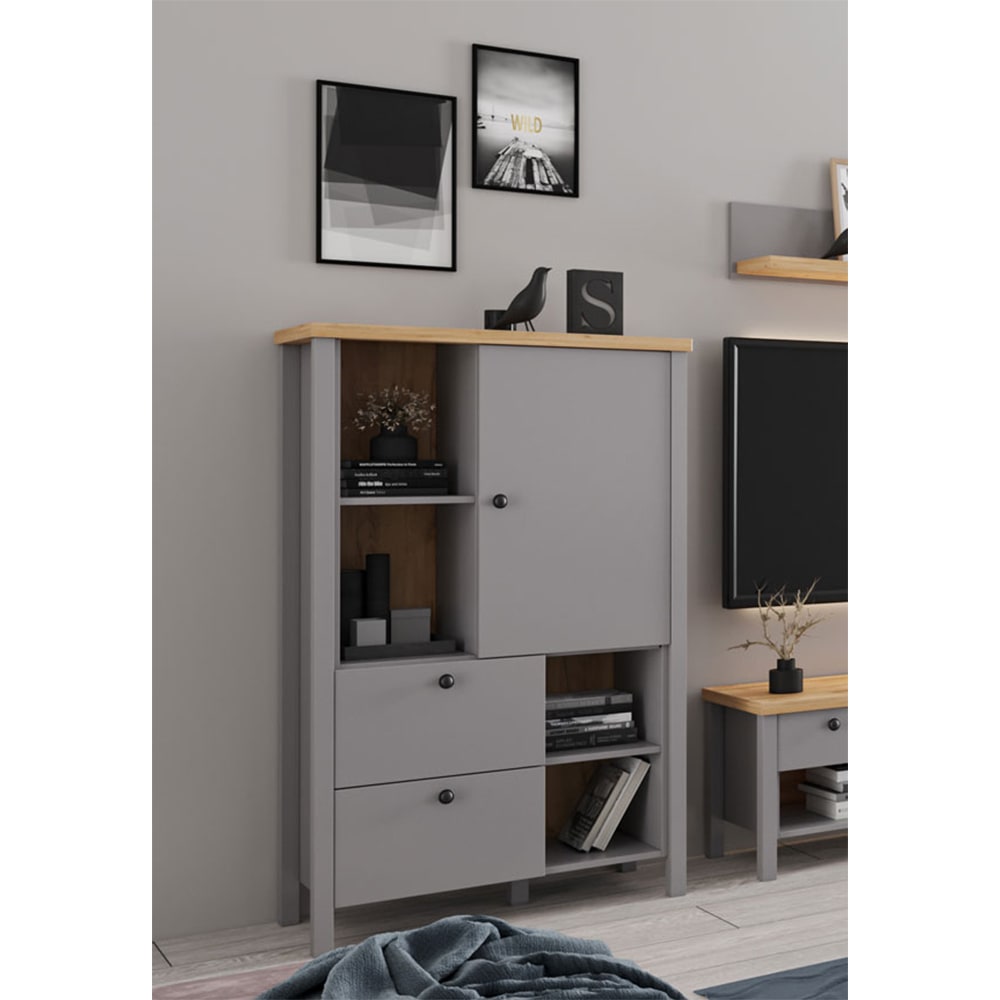 Highboard mit Tür & Schubladen aus Holz, 85x38x139cm, grau /