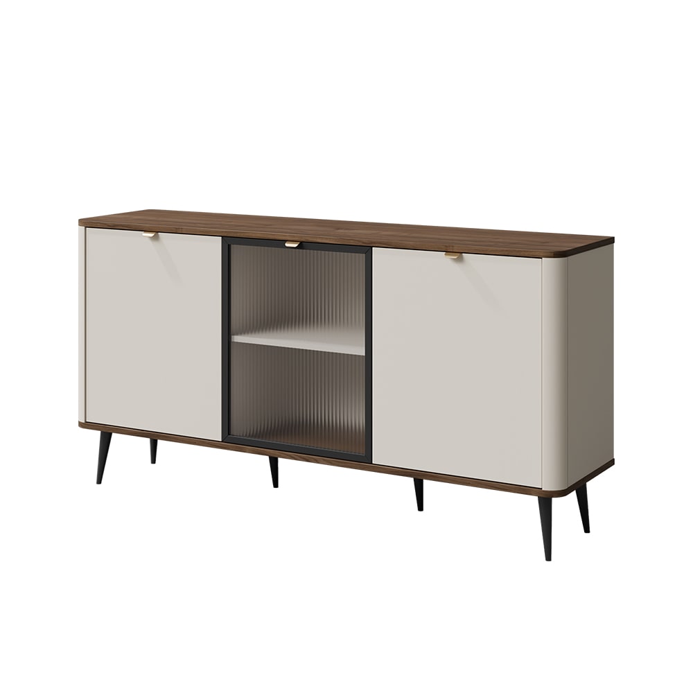 Feldmann-Wohnen Kommode mit Glastür, aus MDF, 160x40x82cm, kaschmir / braun style modern Beige Spanplatte