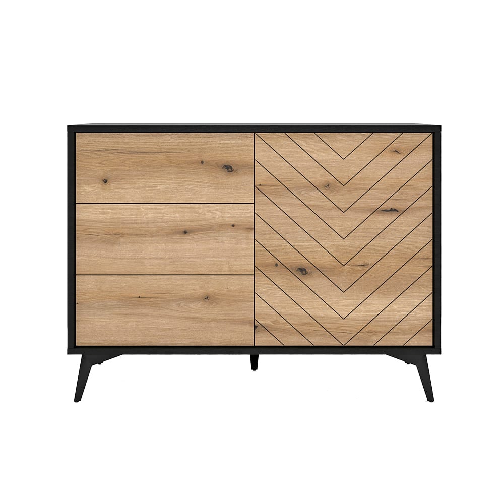 Feldmann-Wohnen Kommode mit Tür & Schubladen aus Holz,103.5x39x76cm, schwarz /Eiche style modern Braun Spanplatte