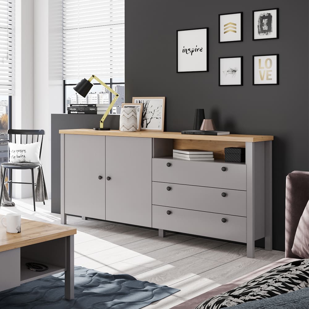 Kommode mit Türen & Schubladen aus Holz, 166x38x86cm, grau /