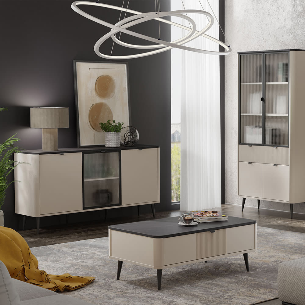 Kommode mit Glastür, aus MDF, 160x40x82cm, kaschmir / grau -