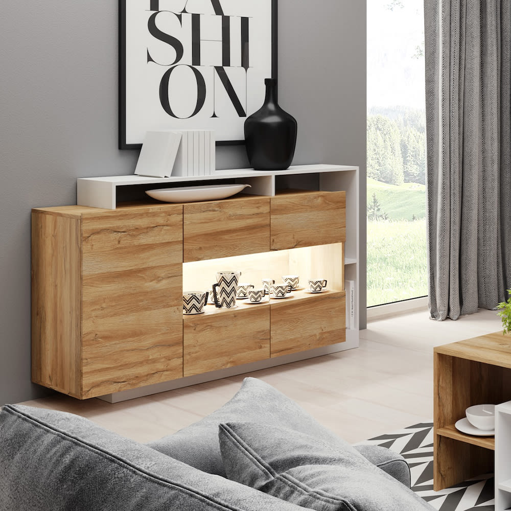 Kommode mit Türen aus Spanplatte, 155x44x93,5cm, Eiche / weiß -