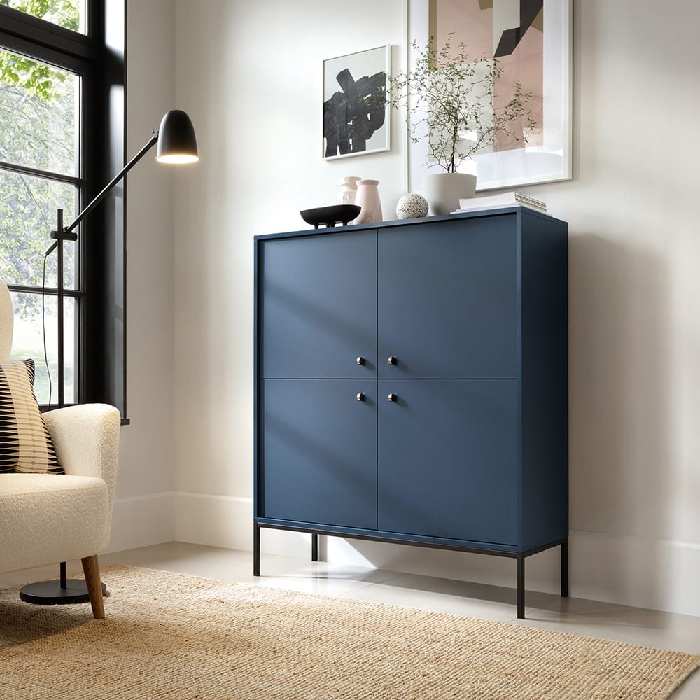Highboard mit Türen aus Spanplatte, 104x39x125cm, Marineblau -