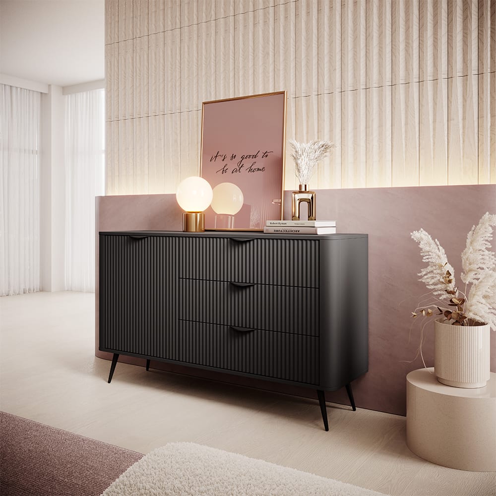 Sideboard, geriffelte Wellenoptik aus MDF, 138x38x81cm, schwarz -