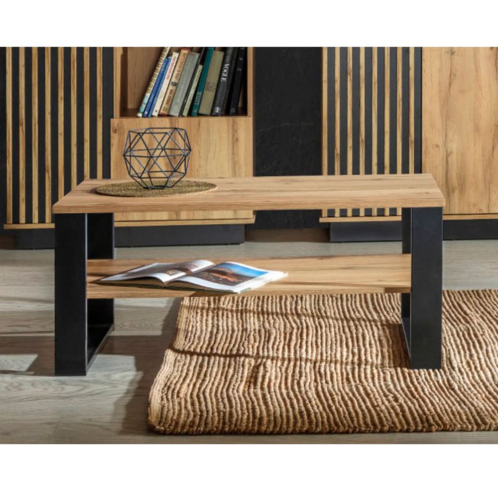 Couchtisch mit Ablage aus Holz, Eiche / schwarz, 100x56x48cm -