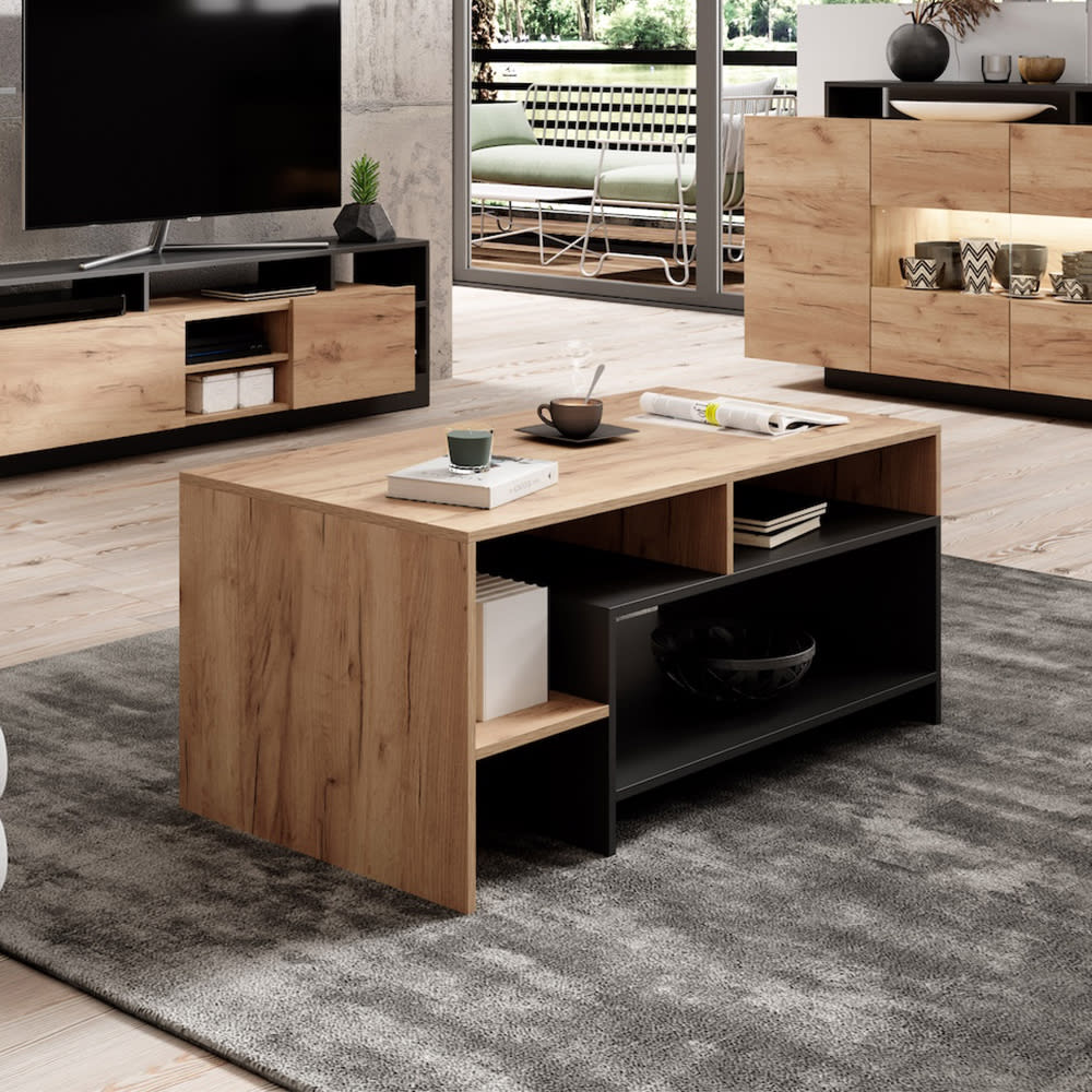 Couchtisch mit Ablageflächen aus Holz, 120x60x53cm, Eiche /