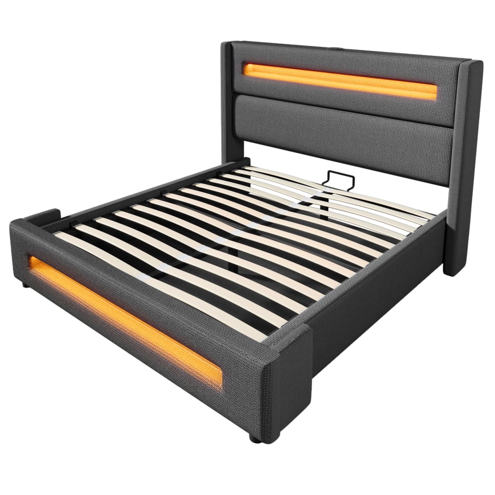 Cama queen size en tela gris con led y dos enchufes 160*200cm