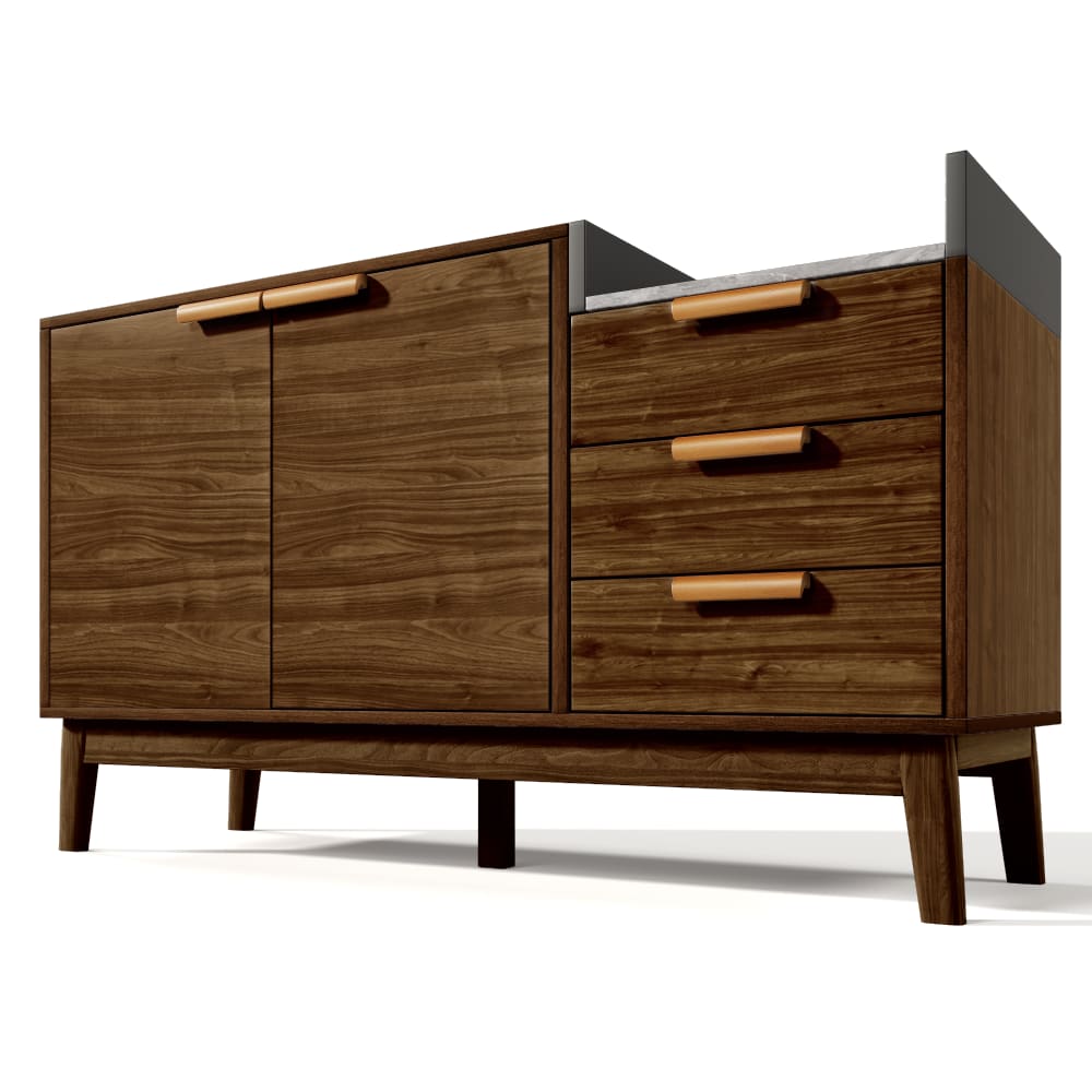 Buffet marron effet bois 2 portes 3 tiroirs gris blanc