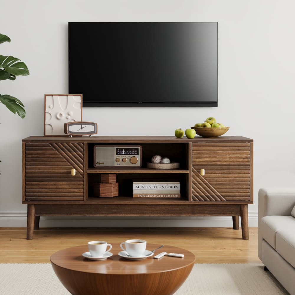 Meuble TV effet bois vintage 2 portes et 2 niches