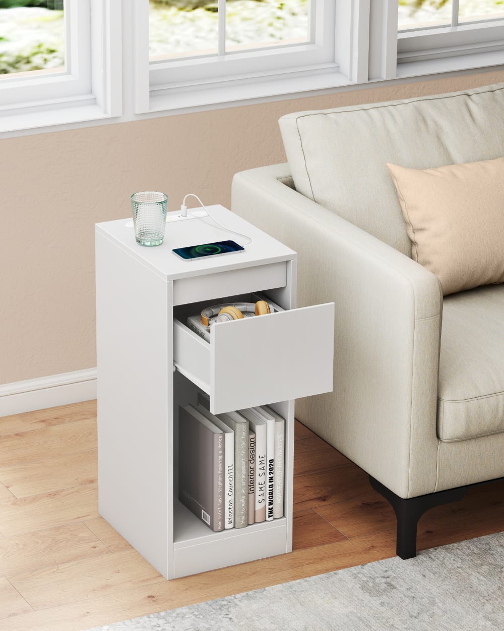 Lots de 2 tables de chevet étroites avec éclairage ports usb blanc