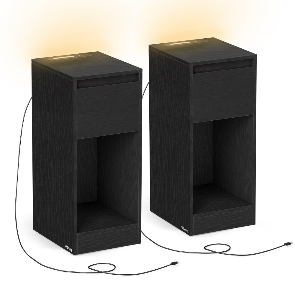Lot de 2 table de chevet étroite 1 port usb-a 1 port usb-c noir boisé
