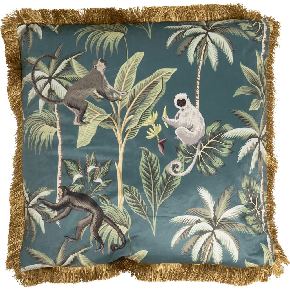 Coussin à franges en velours bleu imprimé singes et feuilles 55x55