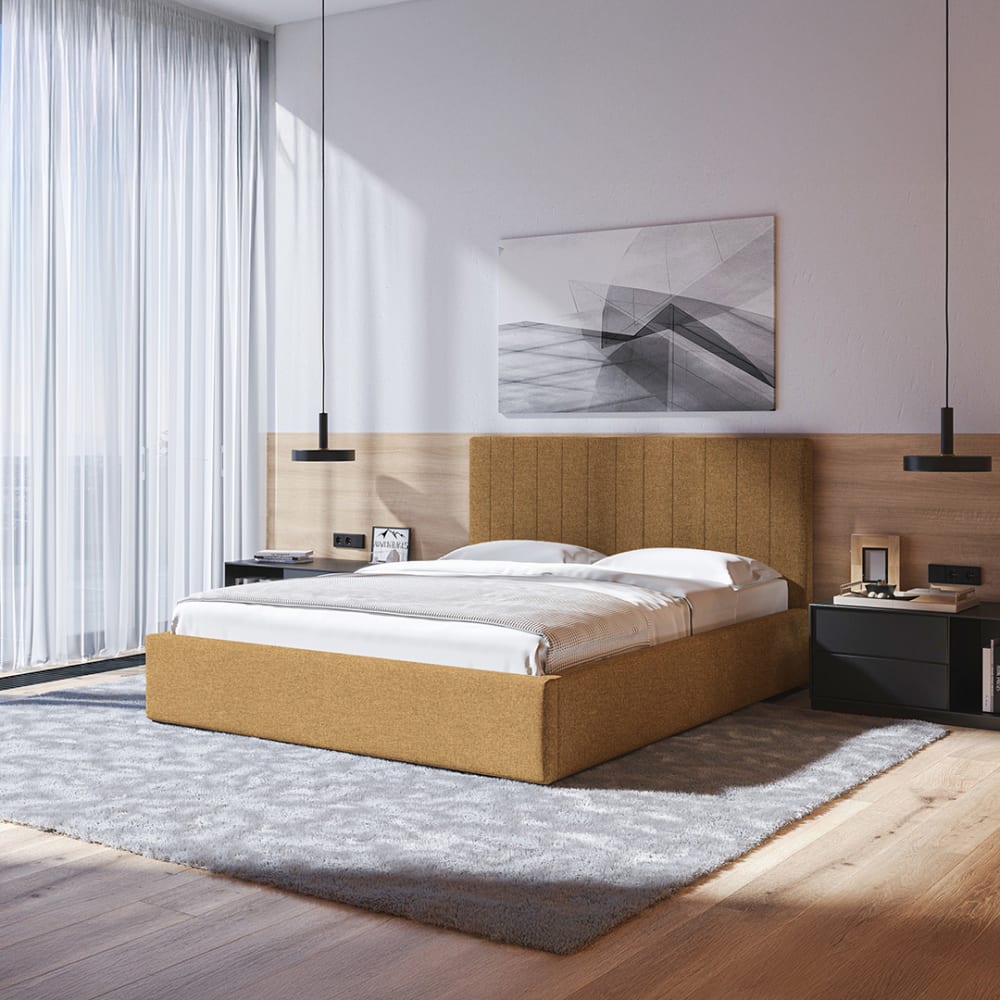 Mesonica Bett mit Bettkasten und gestreifter Kopfstütze, honigfarbe 160x200 Gelb Pes - Polyester