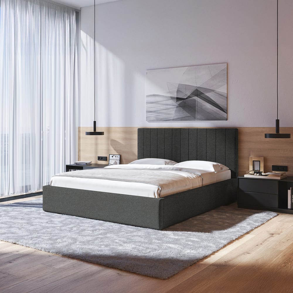 Mesonica Bett mit Bettkasten und gestreifter Kopfstütze, anthrazit 140x200 Grau Pes - Polyester