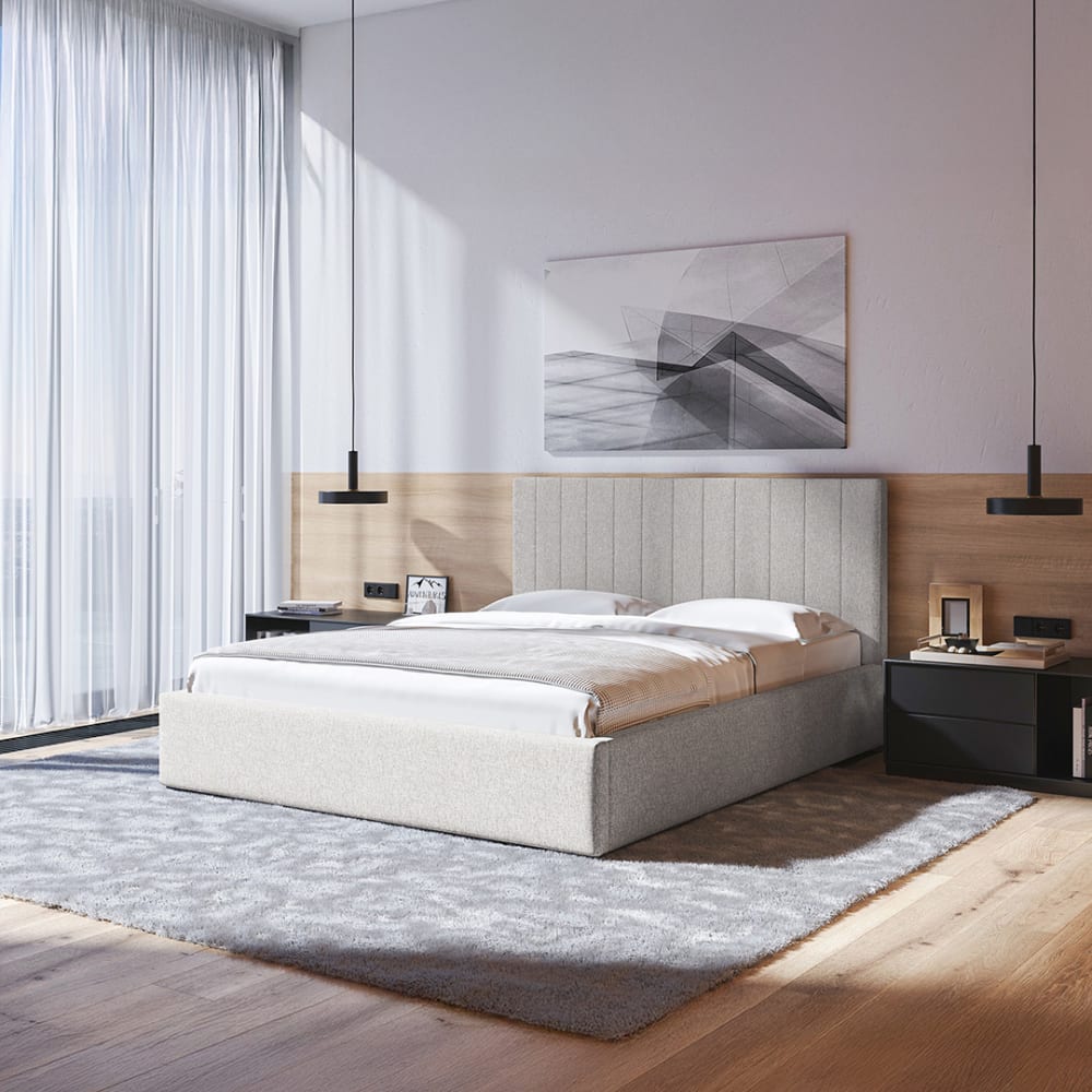 Mesonica Bett mit Bettkasten und gestreifter Kopfstütze, hellbeige 140x200 - Pes - Polyester