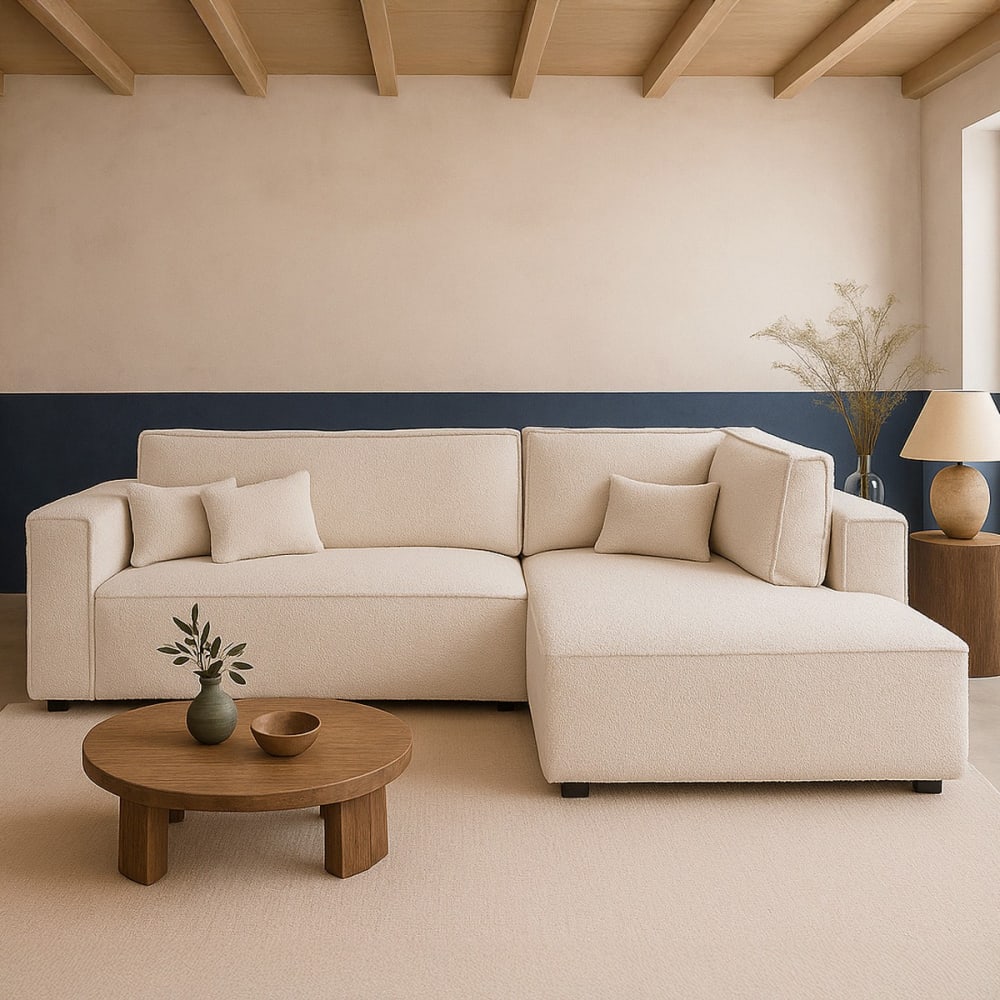 Canapé d'angle droit ouvert convertible 3 pl., tissu bouclé beige