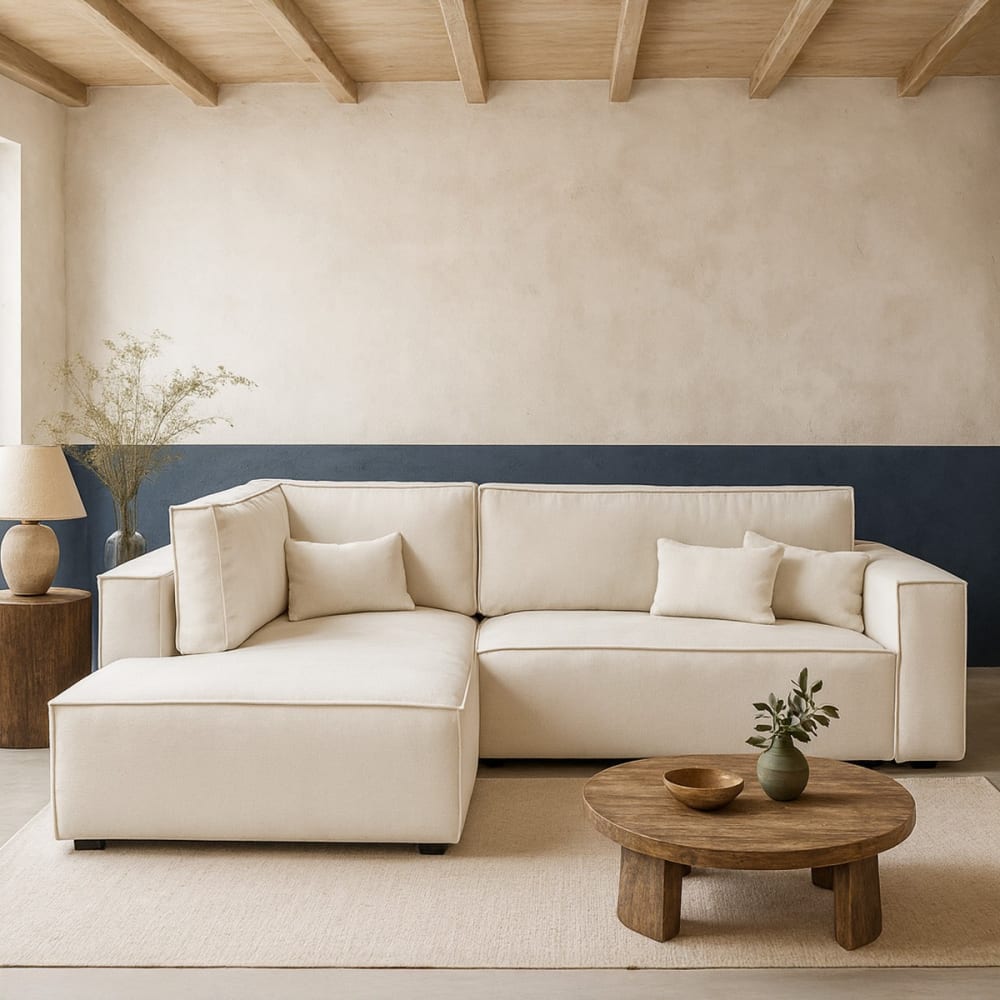 Canapé d'angle gauche ouvert convertible 3 pl., tissu chenille beige