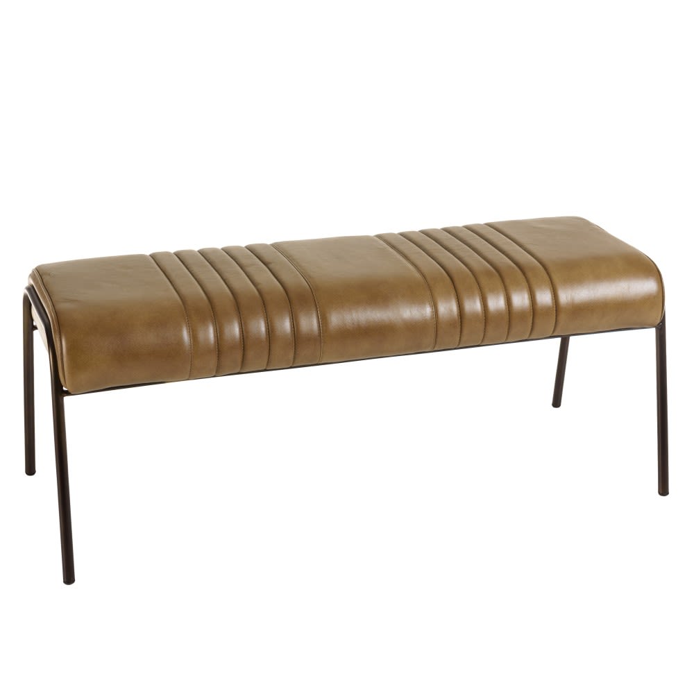 Banc matelassé en cuir marron et pieds acier