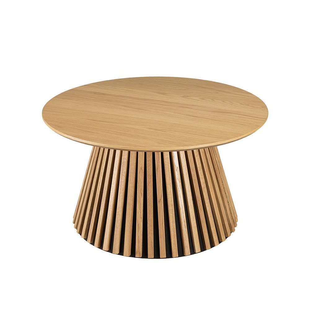 Table basse ronde décor et chêne naturel pied à motif strié D80