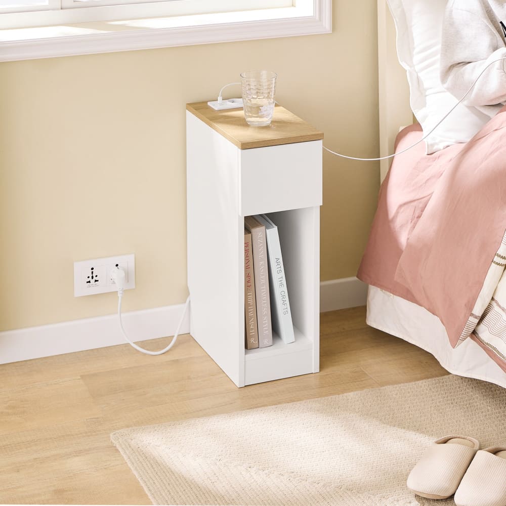 Mesita de noche estrecha con estación de carga USB y Type-C
