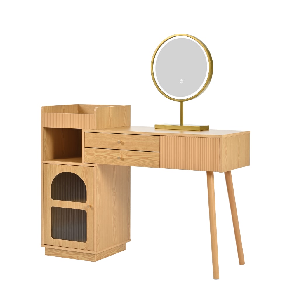 Urban Meuble Moderner Schminktisch in Holzoptik mit LED-Beleuchtungsspiegel, beige style modern - Spanplatte