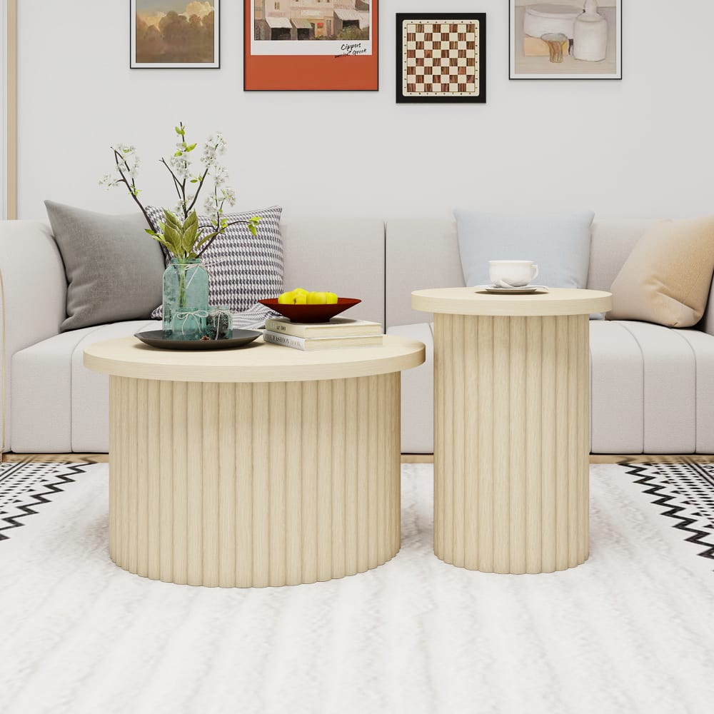 Ensemble de 2 tables basses gigognes rondes effet grain de bois clair
