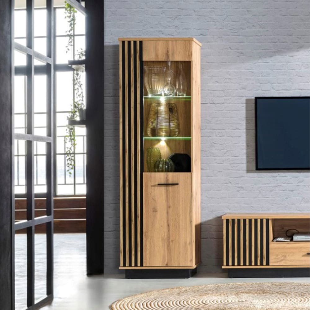 Vitrine mit Tür aus Spanplatte & MDF, Eiche / schwarz,