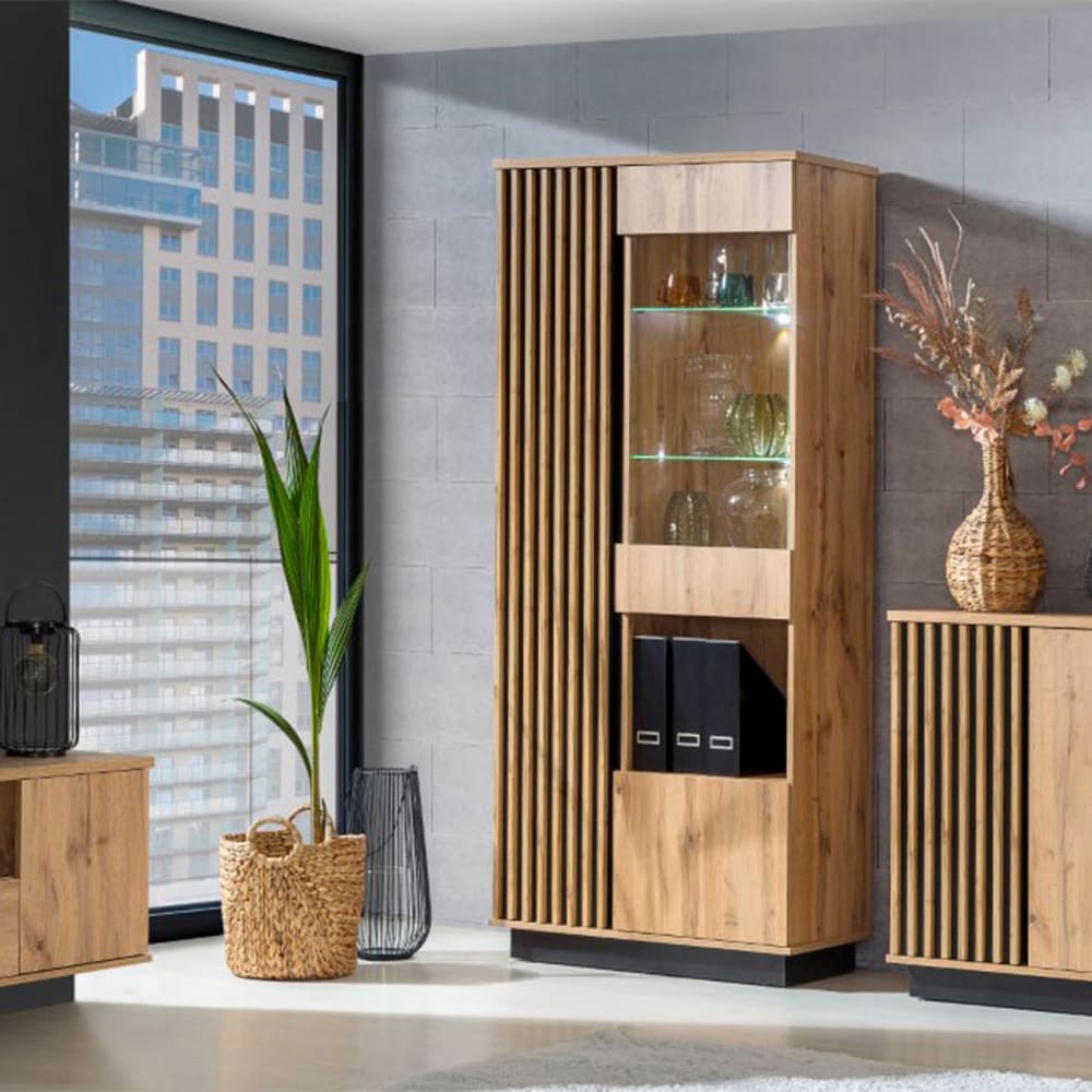 Vitrine mit Türen aus Spanplatte & MDF, Eiche / schwarz,