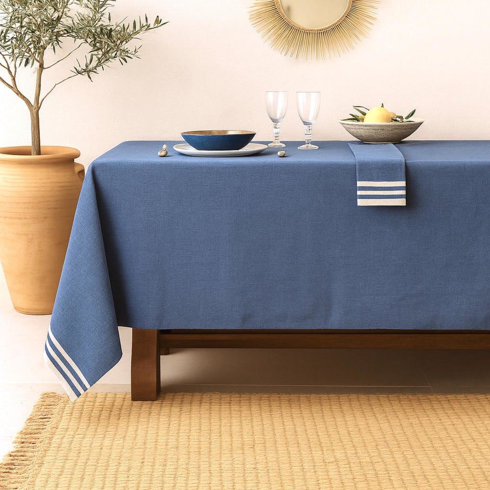 Nappe + 4 serviettes coton bleu grec 150x250