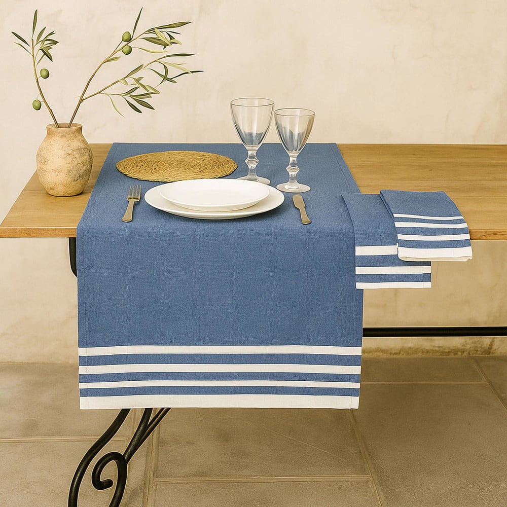 Chemin de table coton 50x150 bleu grec