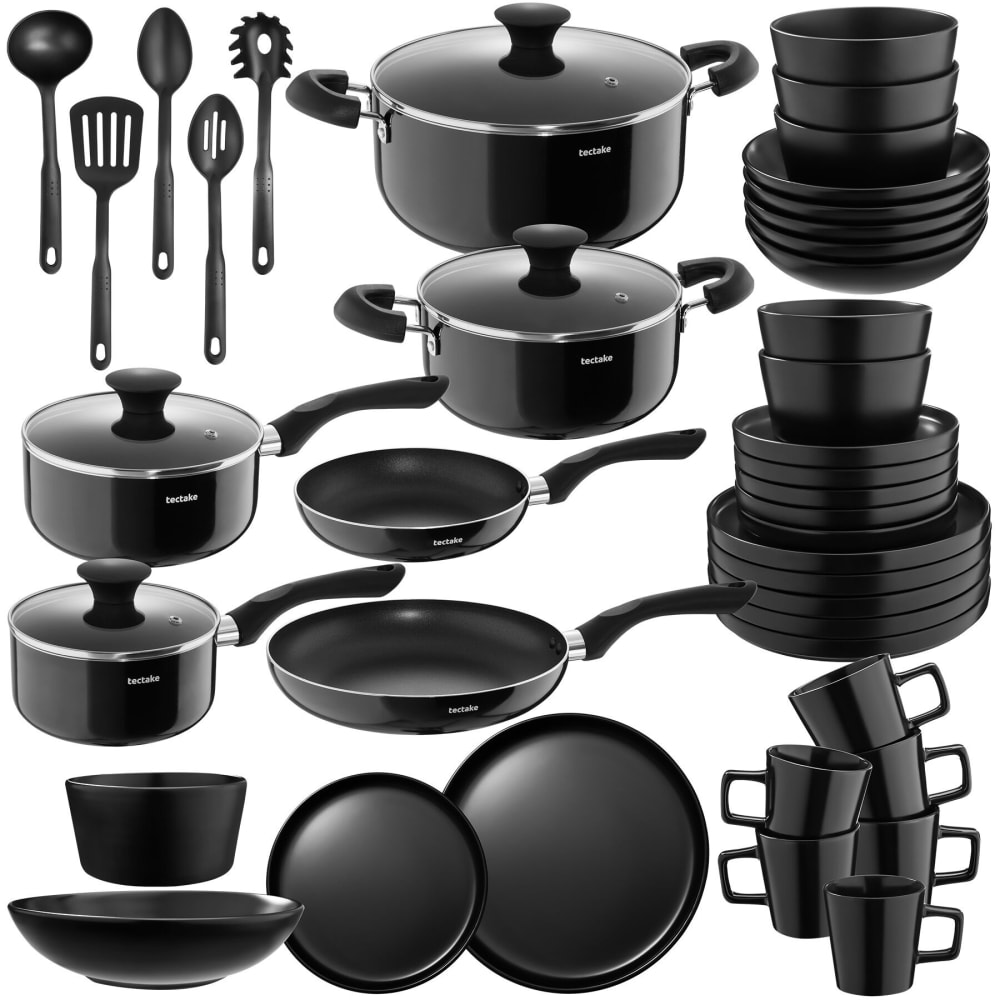 30 pièces set de cuisine complet, faïence, aluminium, verre, noir 30 pièces set de cuisine complet, faïence, aluminium, verre, noir