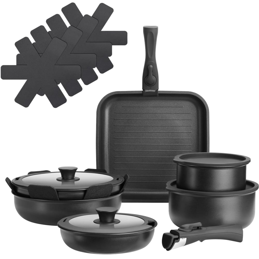 Lot de 17 pièces, batterie de cuisine, aluminium, antiadhésif, noir