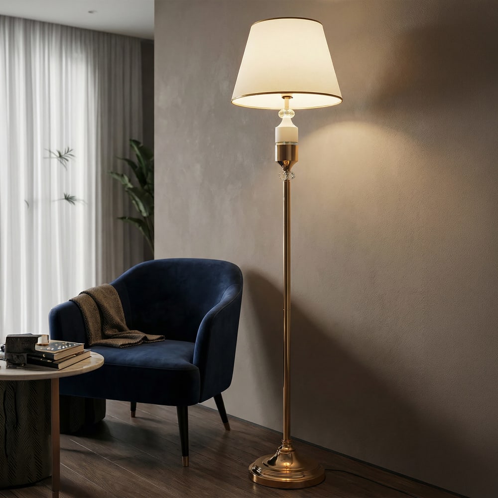 Mauro Ferretti Stehlampe aus Metall, Gold und weißem Stoff Gold Metall