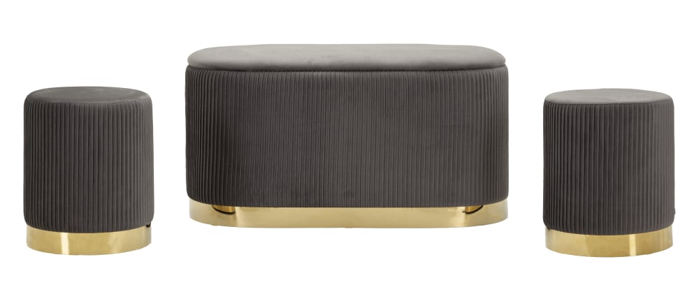Banc avec rangement et pouf en polyester gris et métal doré