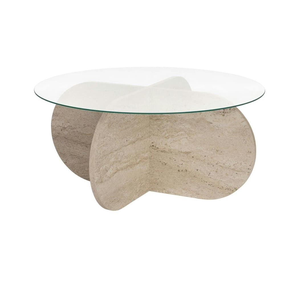 Table basse ronde en verre décor tavertin
