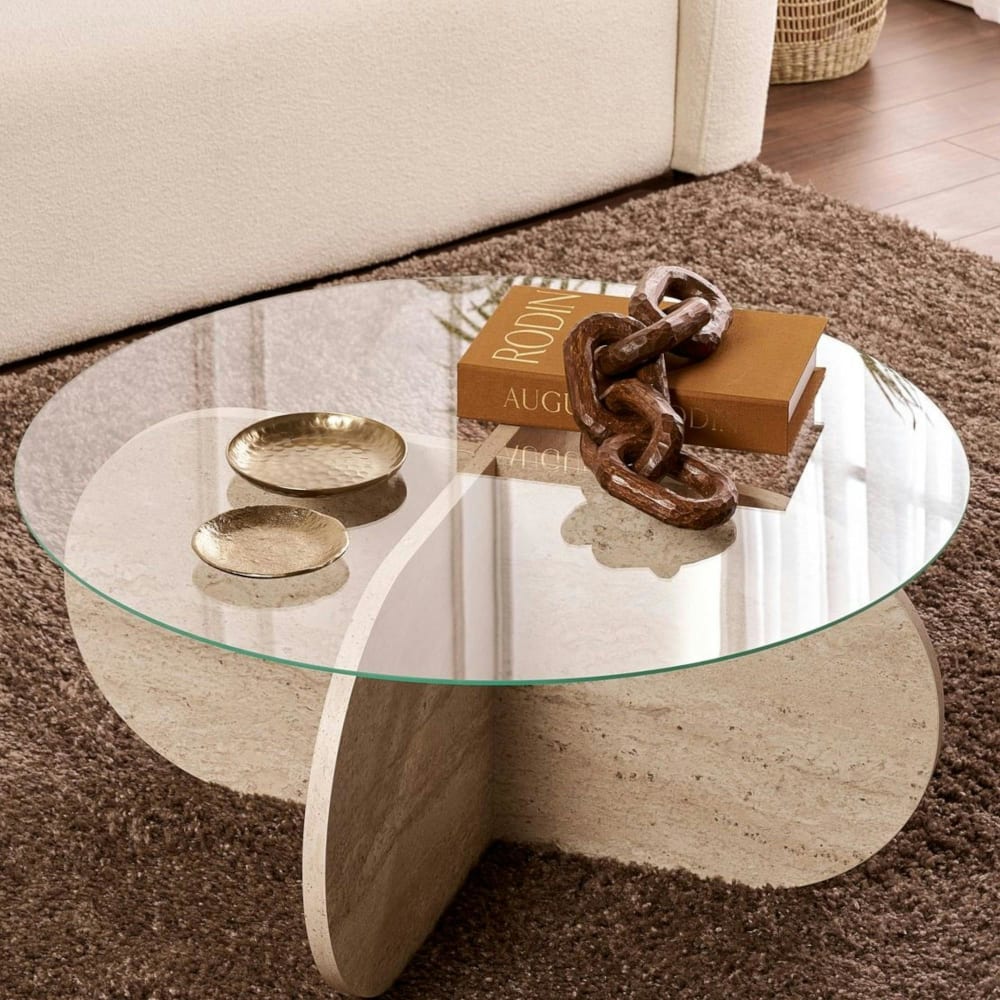 Table basse ronde en verre décor tavertin