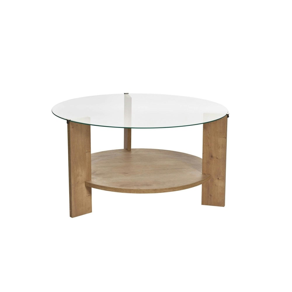 Table basse ronde 75 cm verre et décor chêne