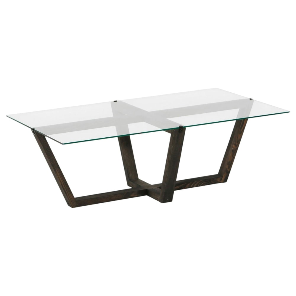 Table basse en verre pied crois bois gris