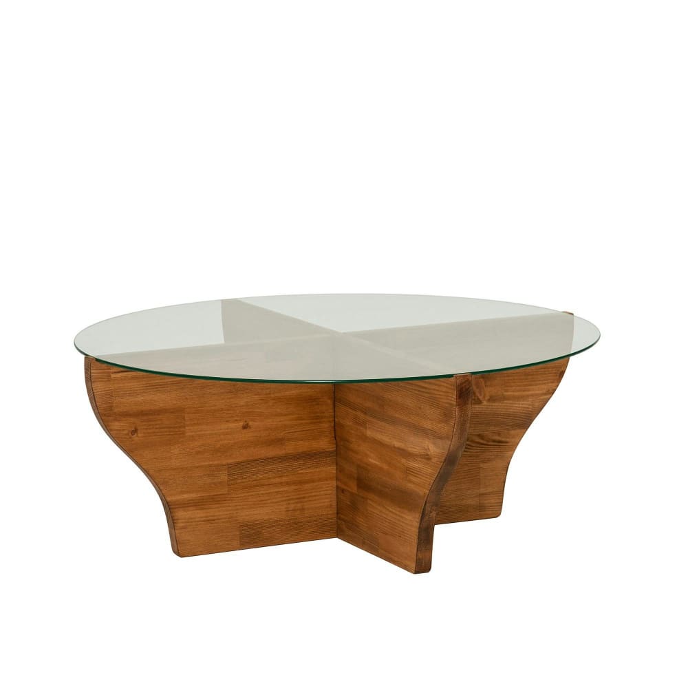 Table basse ronde plateau verre pied bois marron