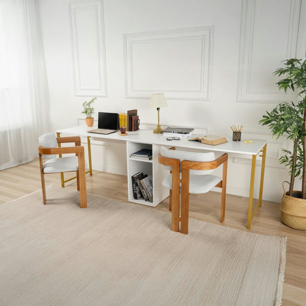 Bureau double 240 cm décor blanc laqué