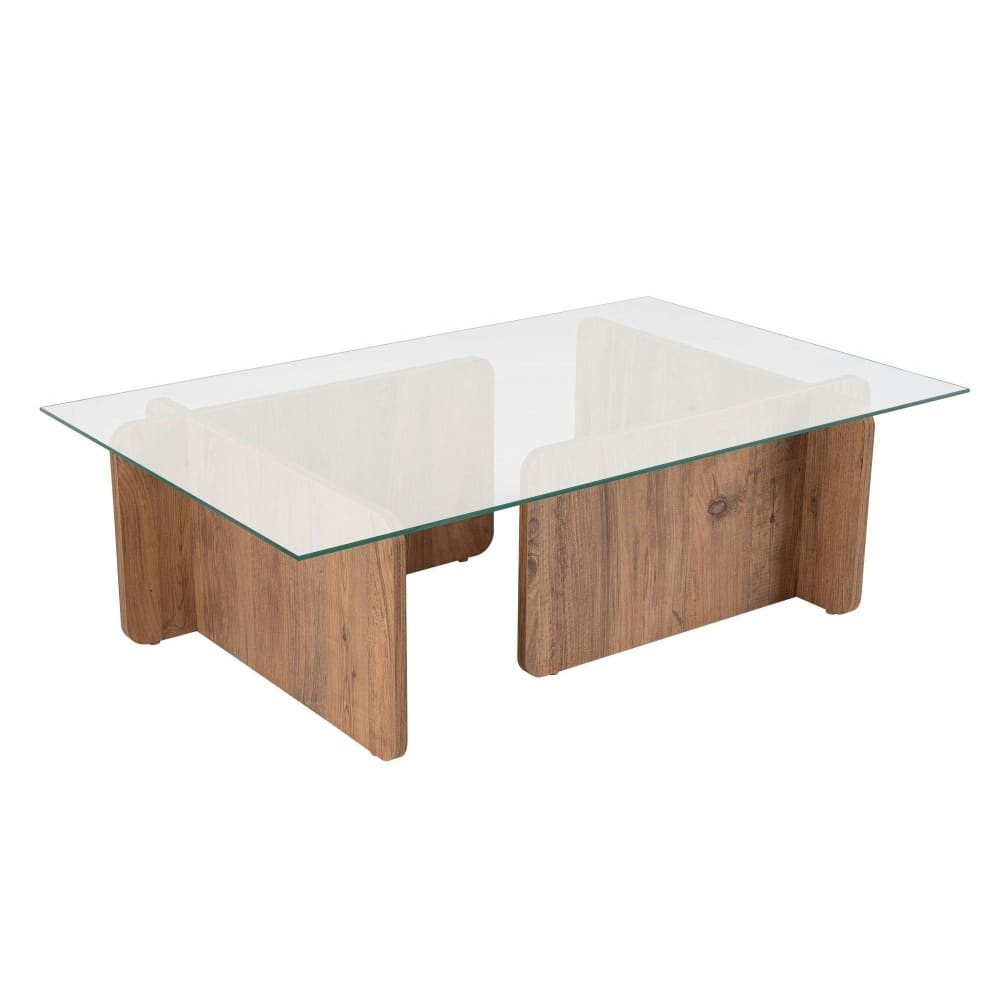 Table basse en verre rectangulaire pied décor bois