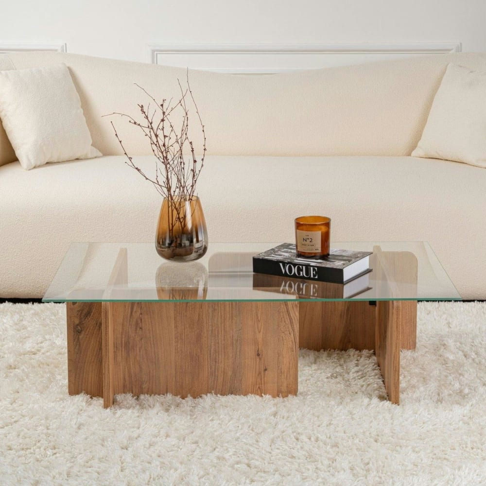 Table basse en verre rectangulaire pied décor bois