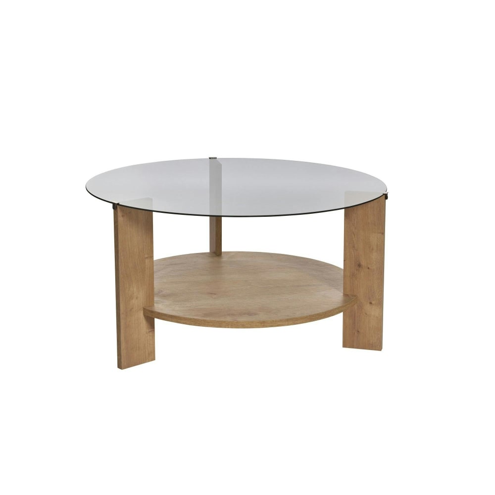 Table basse ronde 75 cm verre fumé et décor chêne