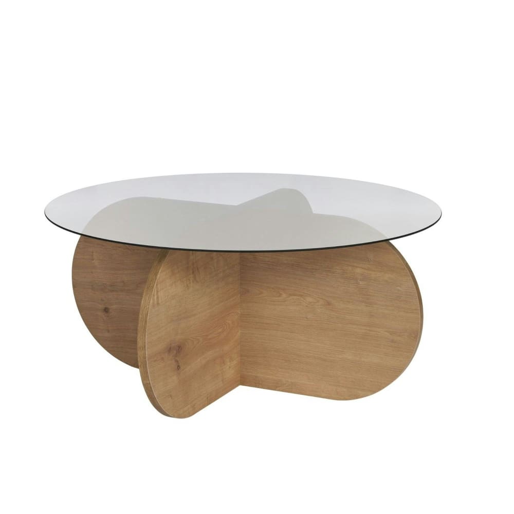 Table basse ronde plateau verre fumé décor chêne clair