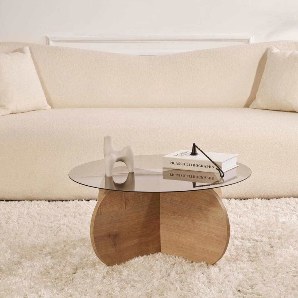 Table basse ronde plateau verre fumé décor chêne clair