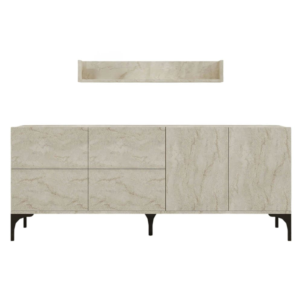 Buffet 180 cm 6 portes décor travertin + étagère murale