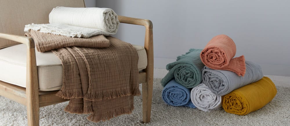 Plaid gaze de coton matelassé gaze de coton/coton sauge 125x180 cm